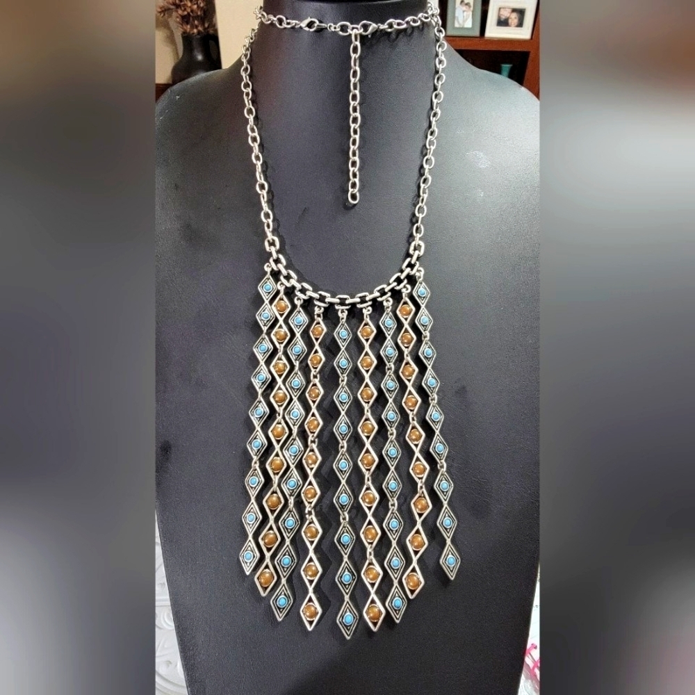 Premier Designs Turquoise Blue Brown Reversible Metal Waterfall Bib Necklace
